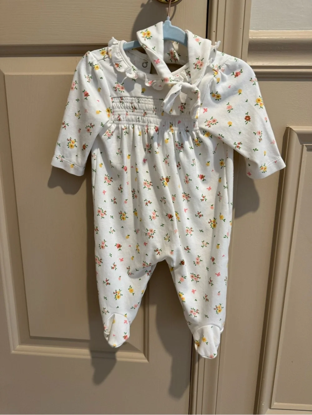 Little Me White Floral Ruffle Collar Footie - Pink & Yellow Flowers
